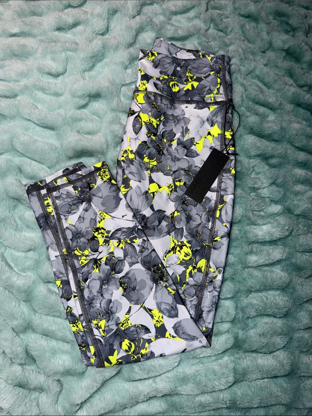 Savvi Floral Print High-Waist Leggings in Gray & Neon Yellow